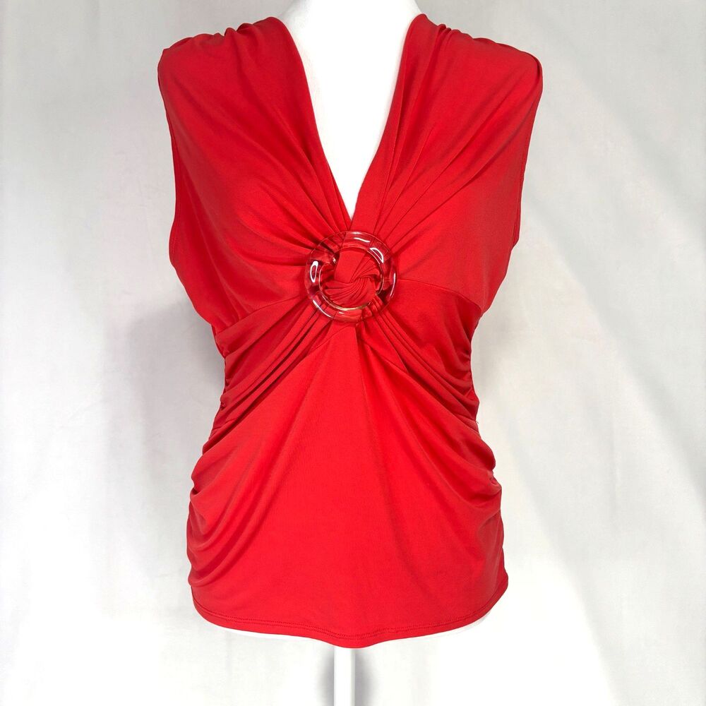 Vtg Bisou Bisou Sleeveless Ring Top Womens Sz L Coral Red Y2K Glam Career Party‎